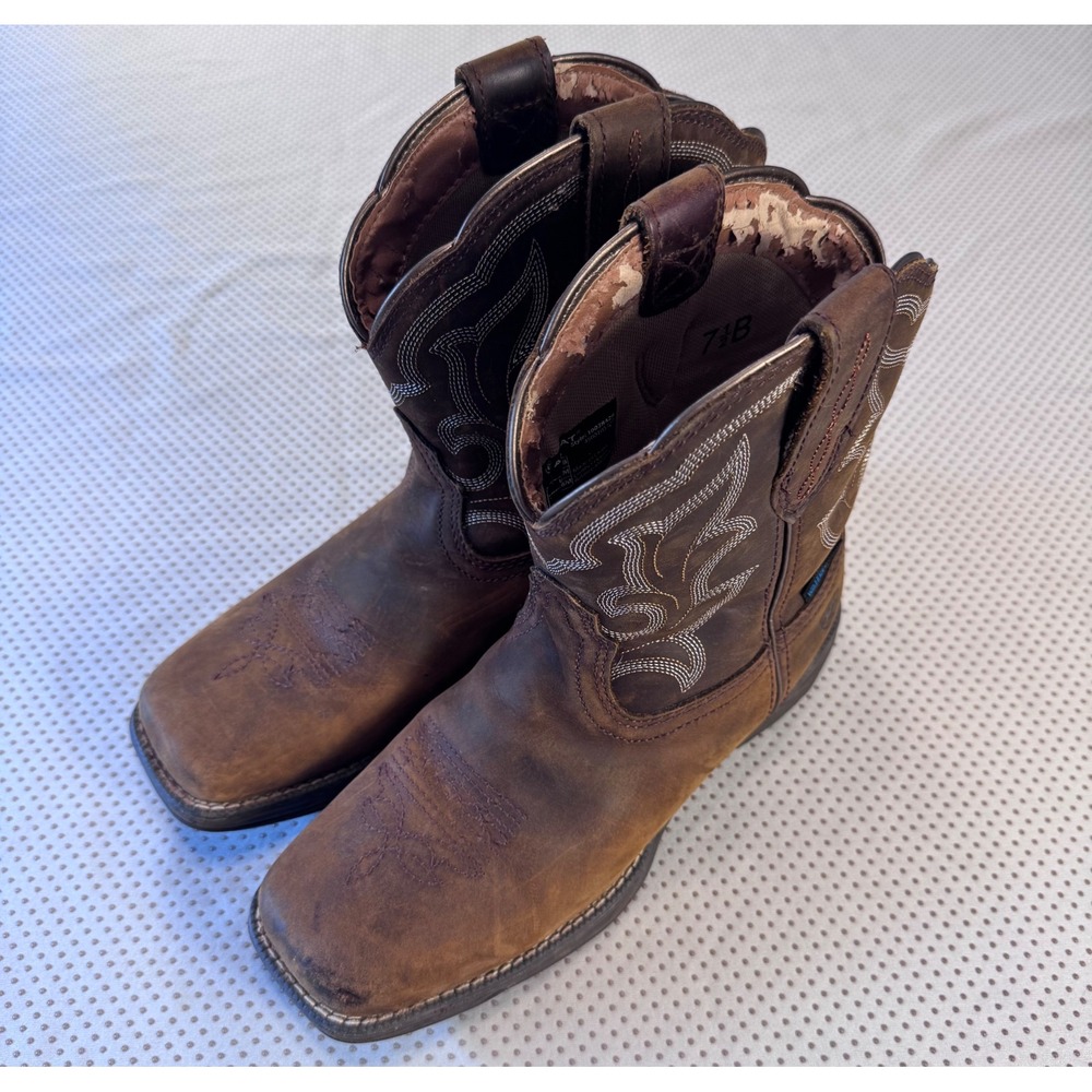 Ariat Anthem Shortie Brown Leather Waterproof Square Toe Western Work Boots 7.5